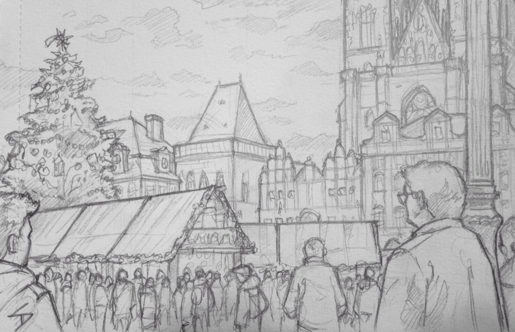 Sketch - View of Old Town Square; Prague Christmas Market