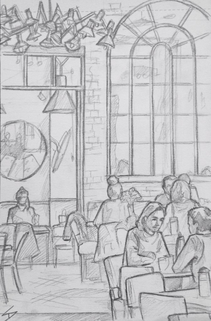 Quick Sketch. 'Cafe Cafe, Prague.' A stylish open plan restaurant and cafe, that has a kind of New York wine bar feel about it. @davidasutton @sketchbookexplorer Facebook.com/davidanthonysutton #drawing #sketch #prague #travel #travelblog #cafecafeprague