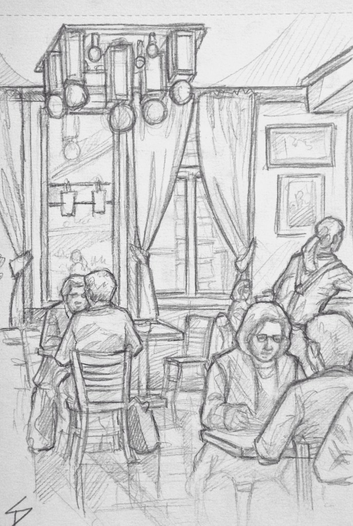 Quick Sketch. 'Cafe Adria, Prague.' A spacious Art Deco restaurant and cafe. The building has an amazing Deco exterior facade. This was tricky to draw, since most of the people left, or moved, straight after I began drawing them. @davidasutton @sketchbookexplorer Facebook.com/davidanthonysutton #drawing #sketch #prague #travel #travelblog #cafeadria