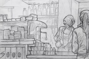 Quick Sketch. 'Café Colore, Prague.' A great cafe that mixes old architecture and modern decor. I tried to capture the friendly staff at work. @davidasutton @sketchbookexplorer Facebook.com/davidanthonysutton #drawing #sketch #prague #travel #travelblog #cafecolore
