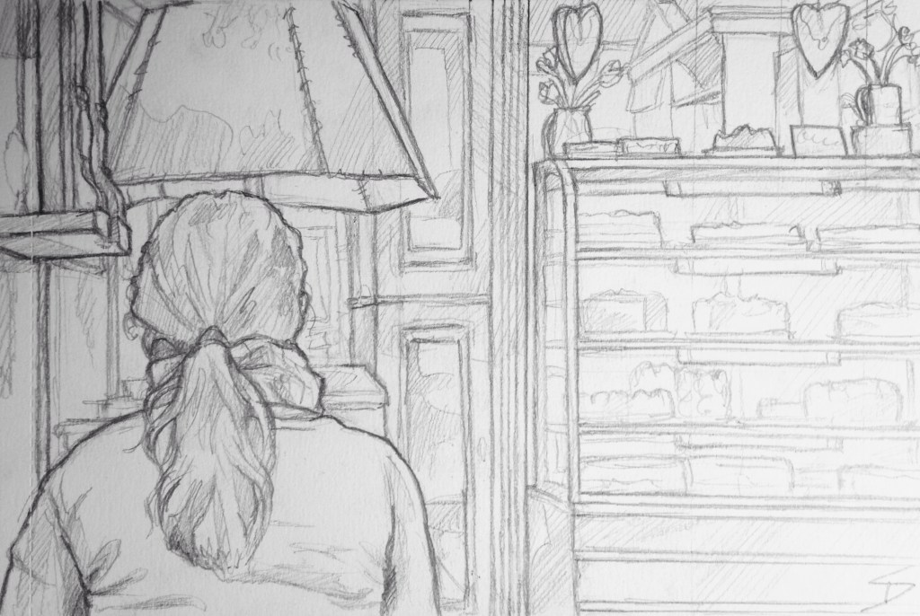 Quick Sketch. 'Cukrárna Alchymista, Prague.' A quirky and nostalgic cafe, with a great selection of cakes, retro music, and a garden. Not to mention the cafe cat, who sleeps in a little cove above a radiator. @davidasutton @sketchbookexplorer Facebook.com/davidanthonysutton #drawing #sketch #prague #travel #travelblog #cukrárnaalchymista