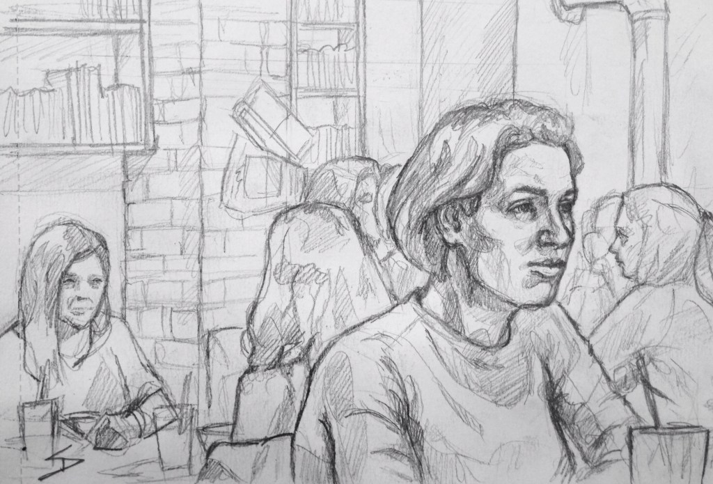 Quick Sketch. 'Můj šálek kávy, Prague.' A cool and very busy cafe in Krizikova. Light airy interior with a painted brick mural, bookcases, and a log fire burner. @davidasutton @sketchbookexplorer Facebook.com/davidanthonysutton #drawing #sketch #prague #travel #travelblog #mujsalekkavy