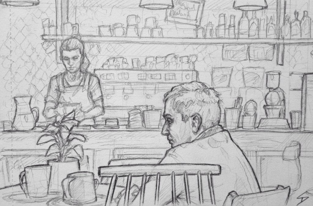 Quick Sketch. 'La Boheme Cafe, Prague.' A cool little arty cafe. It has a great selection of drinks. @davidasutton @sketchbookexplorer Facebook.com/davidanthonysutton #drawing #sketch #prague #travel #travelblog #labohemecafe