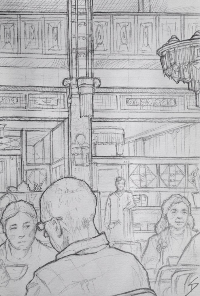 Quick Sketch 2. 'Obecni Dum Cafe, Prague.' Sketching under stunning Art Deco lights, while listening to the sounds of a grand piano. @davidasutton @sketchbookexplorer Facebook.com/davidanthonysutton #drawing #sketch #prague #travel #travelblog #obecnidumcafe