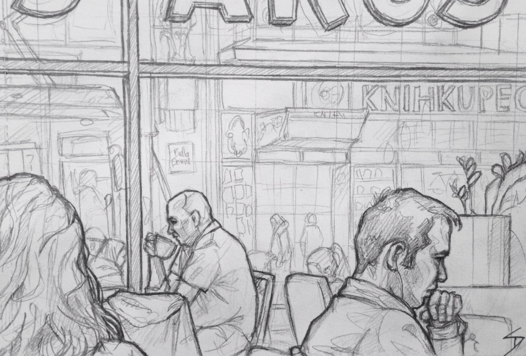 Quick Sketch 2. 'Costa Coffee, Národní Třída, Prague.' A nice coffee shop, with pleasant staff, and a mean chocolate tiffin. Good view of a busy tram stop - ideal for people sketching. @davidasutton @sketchbookexplorer Facebook.com/davidanthonysutton #drawing #sketch #prague #travel #travelblog #costacoffee