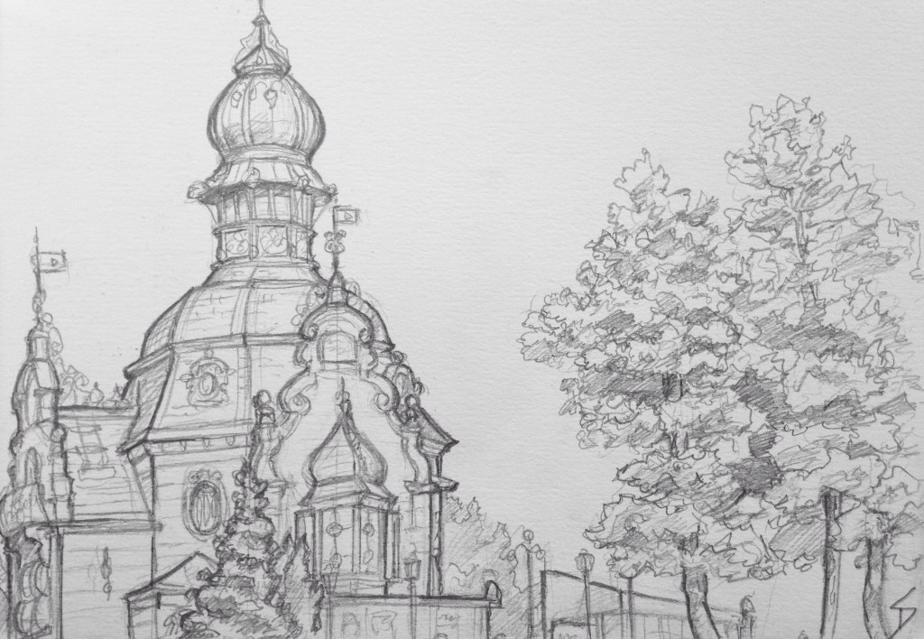 Quick Sketch. 'Hanavsky Pavillon, Prague.' Cool Art Nouveau building, overlooking Prague. It makes me think of Jules Verne. @davidasutton @sketchbookexplorer Facebook.com/davidanthonysutton #drawing #sketch #prague #travel #travelblog #hanavskypavillon