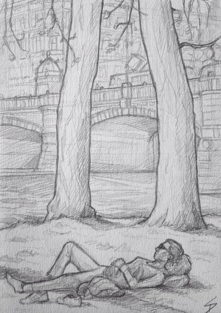 Quick Sketch. 'Strelecky Island, Prague.' A sunbather enjoying a beautiful April day on Prague's island park. @davidasutton @sketchbookexplorer Facebook.com/davidanthonysutton #drawing #sketch #prague #travel #travelblog #streleckyisland