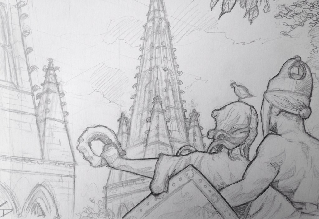 Sketch - View of Vyšehrad Castle: View from one of the park areas of the 10th century castle. A great sculpture of a Slavic warrior couple looking upon the spires of the Basilica of St Peter and Paul