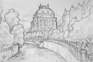 Quick Sketch. 'Manes Art Cafe, Prague.' The cafe has a great view of Prague National Theatre. Find it next to the Manes Gallery. @davidasutton @sketchbookexplorer Facebook.com/davidanthonysutton #drawing #sketch #prague #travel #travelblog #manesartcafe