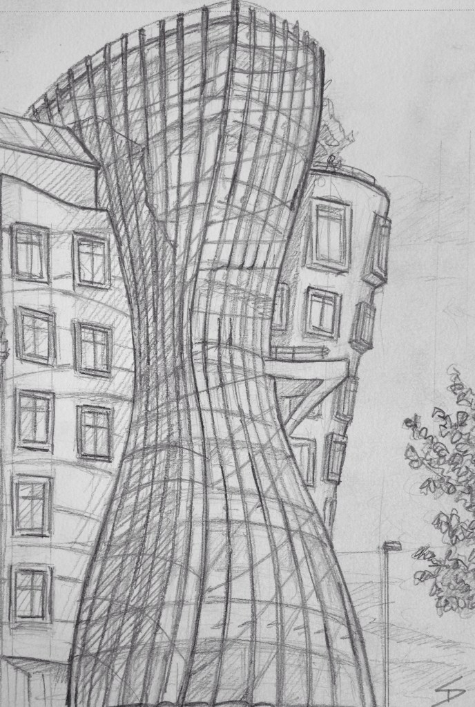 Quick Sketch. 'Dancing House, Prague.' Also known as Fred and Ginger. There is a restaurant on the seventh floor, with stunning views of Prague. This is the view from the Potrefena Husa bar and restaurant. The Dancing House was built on the site of a house destroyed in 1945, when American bombers apparently mistook Prague for Dresden, due to radar malfunctions - 152 tons of bombs were dropped on Prague, killing 701. @davidasutton @sketchbookexplorer Facebook.com/davidanthonysutton #drawing #sketch #prague #travel #travelblog #dancinghouseprague