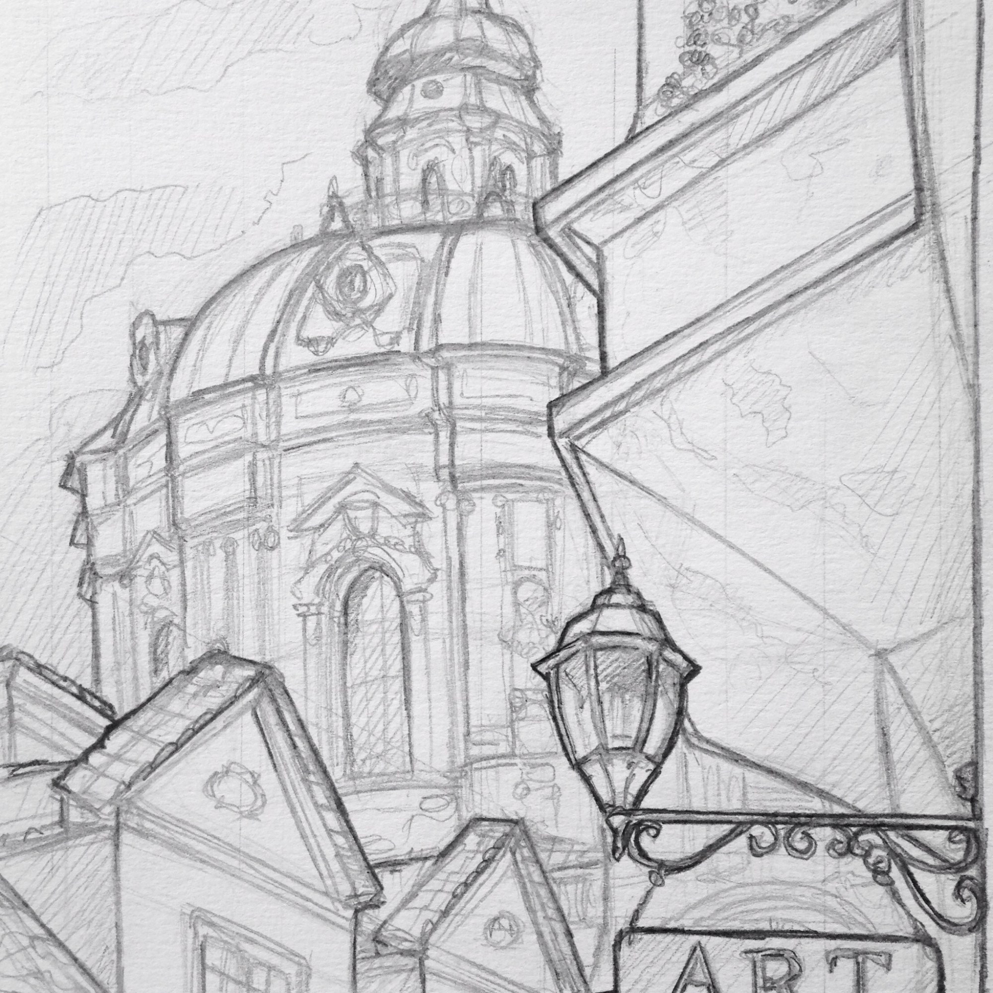 Quick Sketch. 'Karmelitska, Mala Strana, Prague.' Towered over by St Nicholas church, this area is a wonder of architecture. View from the U Svateho Vaclava restaurant. @davidasutton @sketchbookexplorer Facebook.com/davidanthonysutton #drawing #sketch #prague #travel #travelblog #malastrana