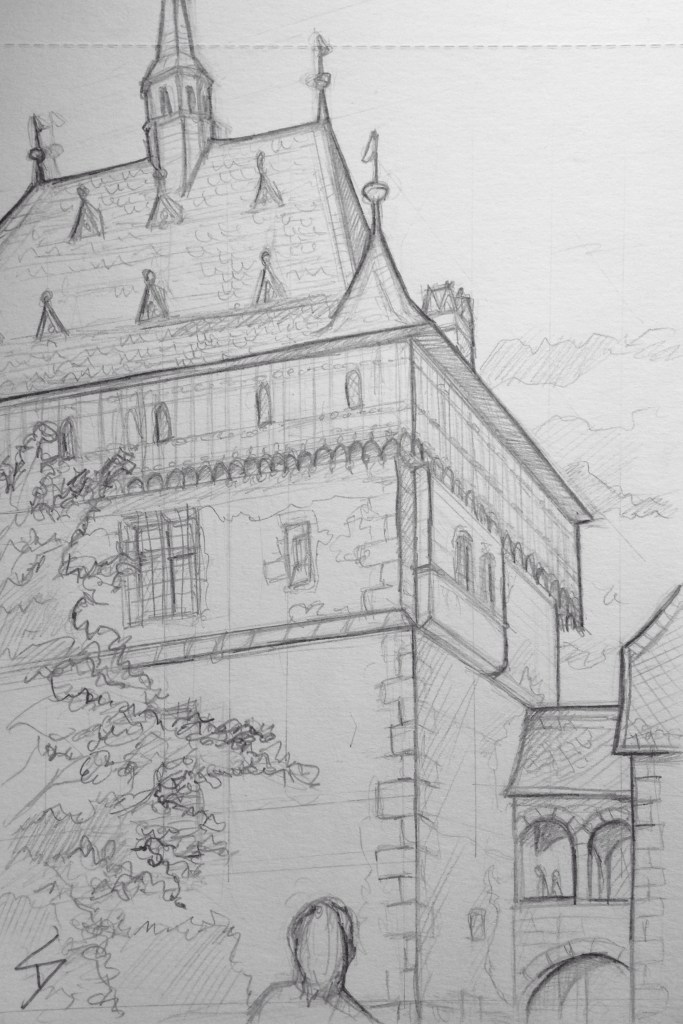Pencil sketch - View of Marian Tower, Karlstejn Castle
