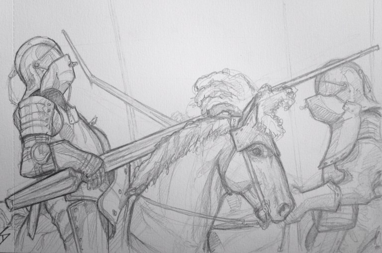 Quick Sketch. 'The Dresden Armoury.' My sketch of an armoury exhibit - tournament jousters in tilt armour. Just some of the interesting sights to be found in the museums housed inside the Dresden Royal Palace. sketchbookexplorer.com