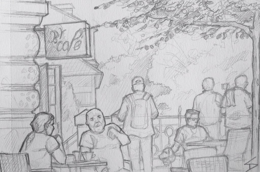 Quick Sketch. 'Bella Vida Cafe, Prague.' Enjoy an amazing view of the city, while people watching, at this riverside cafe. Try some of their homemade lemonades. @davidasutton @sketchbookexplorer Facebook.com/davidanthonysutton #drawing #sketch #prague #travel #travelblog #bellavidacafe