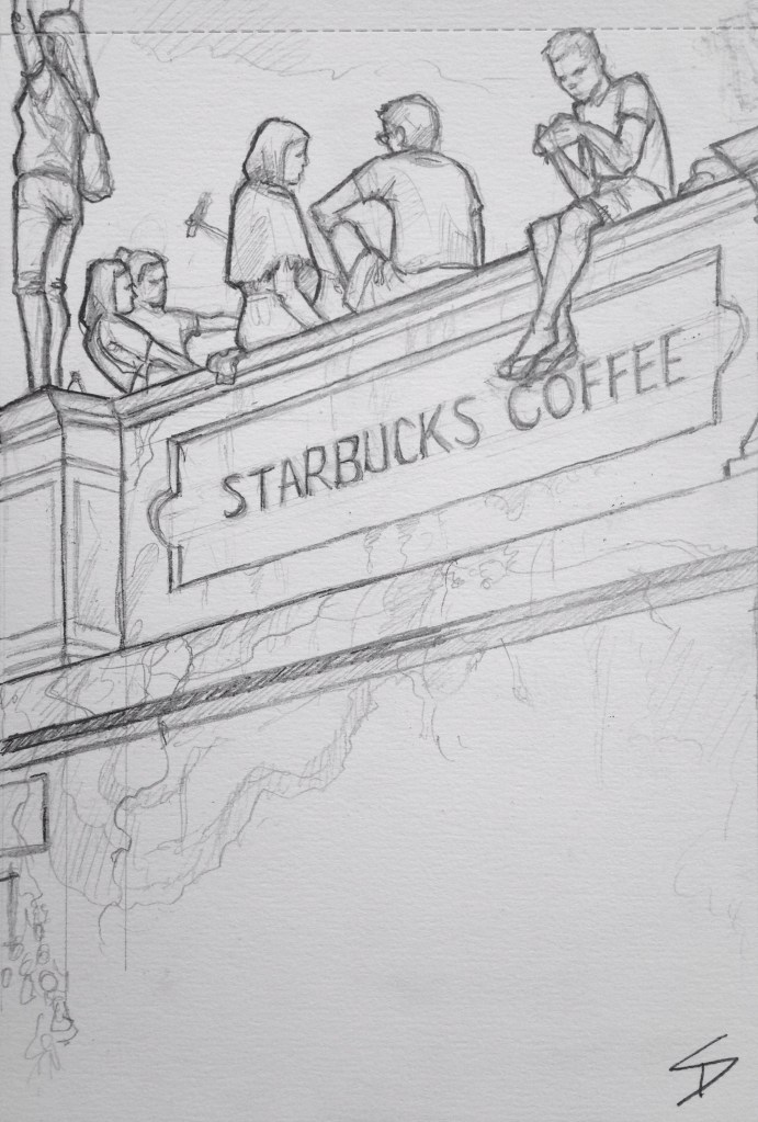Quick Sketch. 'Starbucks, Ke Hradu, Prague.' Cafe with great views of the city. It's a beacon for selfies, risking a long drop for a Facebook post. @davidasutton @sketchbookexplorer Facebook.com/davidanthonysutton #drawing #sketch #prague #travel #travelblog #starbucks