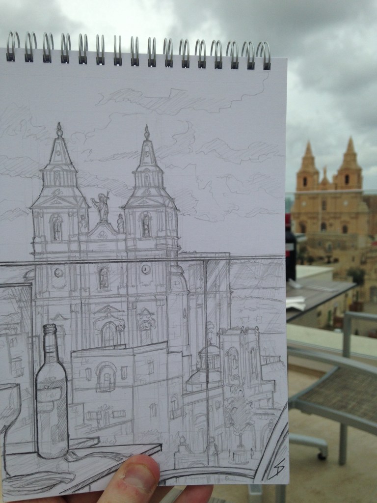 Winter in Malta - Quick Sketch. 'Sanctuary of Our Lady of Mellieha, Mellieha, Malta.' Image from my recent travel art blog article 'Winter in Malta.' sketchbookexplorer.com
