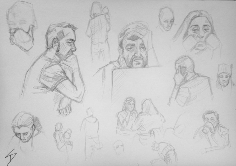 Quick Sketch 2. 'Cafe Nona, Prague.' Cafe goers sheltering from the cold in Prague's Brutalist new National Theatre. sketchbookexplorer.com @davidasutton @sketchbookexplorer Facebook.com/davidanthonysutton #drawing #sketch #prague #travel #travelblog #cafenona