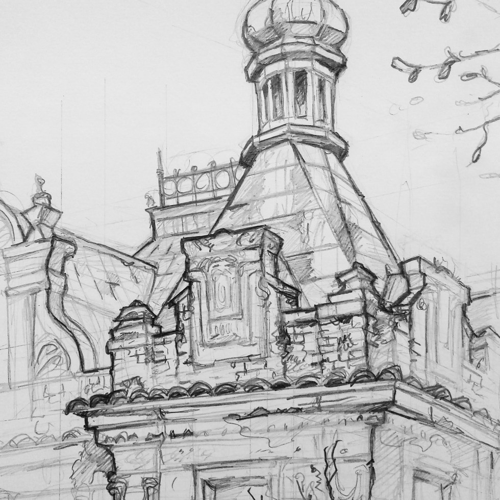 Architectural Art - Prague. 'Vysehrad train station, Prague.' This abandoned station has lots of derelict charm. sketchbookexplorer.com @davidasutton @sketchbookexplorer Facebook.com/davidanthonysutton #drawing #sketch #prague #travel #travelblog #vysehrad