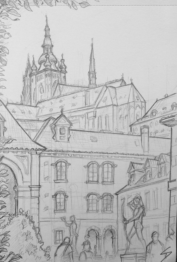 Pencil sketch - View of Prague Castle from Waldstein Gardens