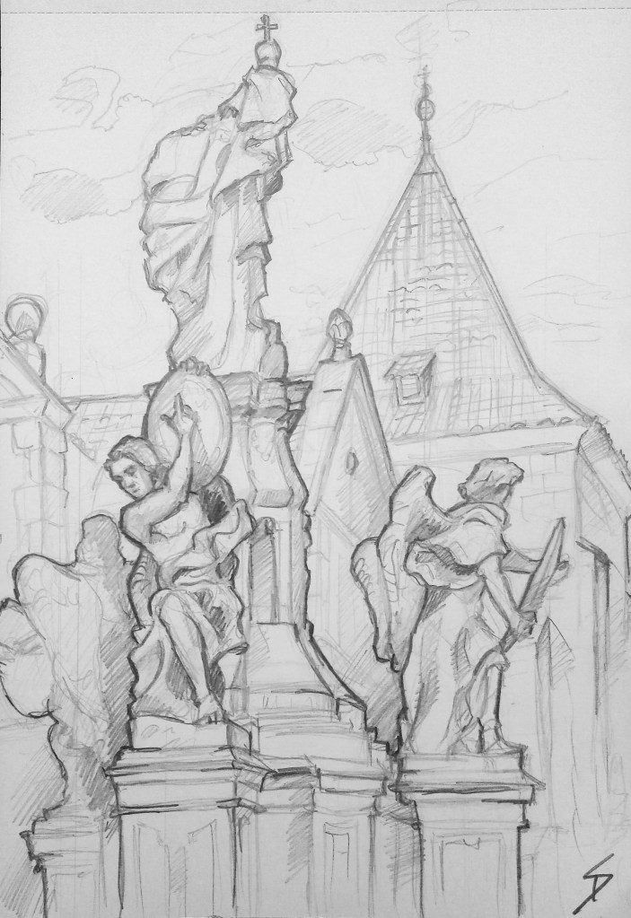 Architectural Art - Prague. 'Maltezke Namesti, Prague.' View from beautiful Mala Strana. sketchbookexplorer.com @davidasutton @sketchbookexplorer Facebook.com/davidanthonysutton #drawing #sketch #prague #travel #travelblog #maltezkenamesti