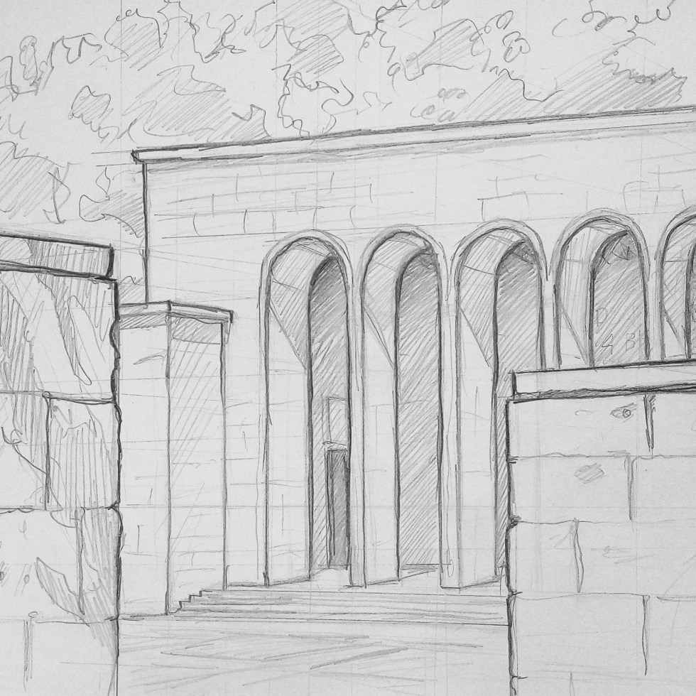 Architectural Art - Nuremberg. 'Ehrenhalle, Nuremberg, Germany.' The Hall of Honour war memorial. Misappropriated by Hitler during the Nuremberg Nazi rallies 1933-1938. Now once again, it lays in a peaceful park. sketchbookexplorer.com @davidasutton @sketchbookexplorer Facebook.com/davidanthonysutton #drawing #sketch #nuremberg #travel #travelblog #ehrenhalle