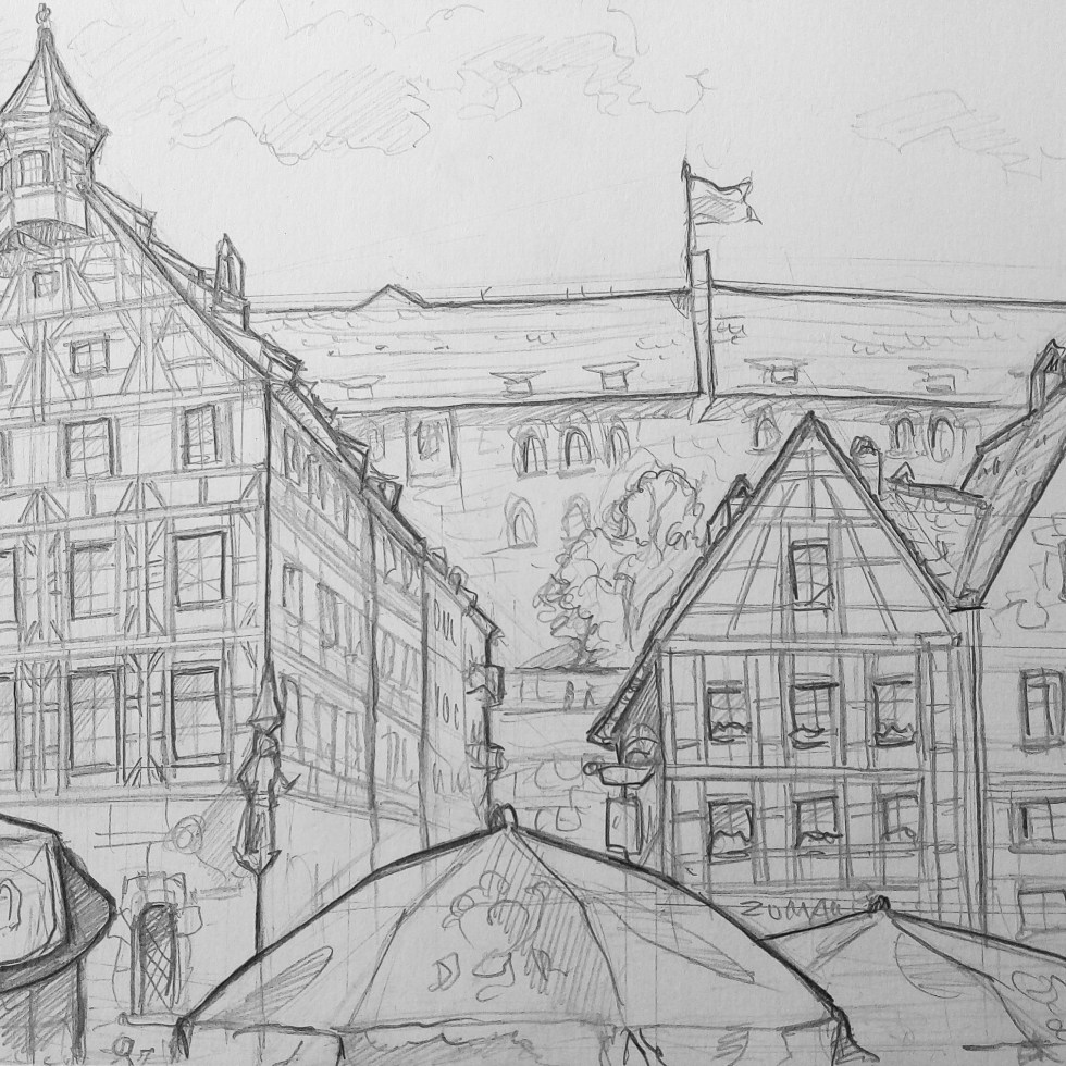 Architectural Art - Nuremberg. 'Beim Tiergärtnertor, Nuremberg, Germany.' Great view from a traditional restaurant of Beim Tiergärtnertor and Nuremberg Castle. sketchbookexplorer.com @davidasutton @sketchbookexplorer Facebook.com/davidanthonysutton #drawing #sketch #nuremberg #travel #travelblog #Beimtiergärtnertor