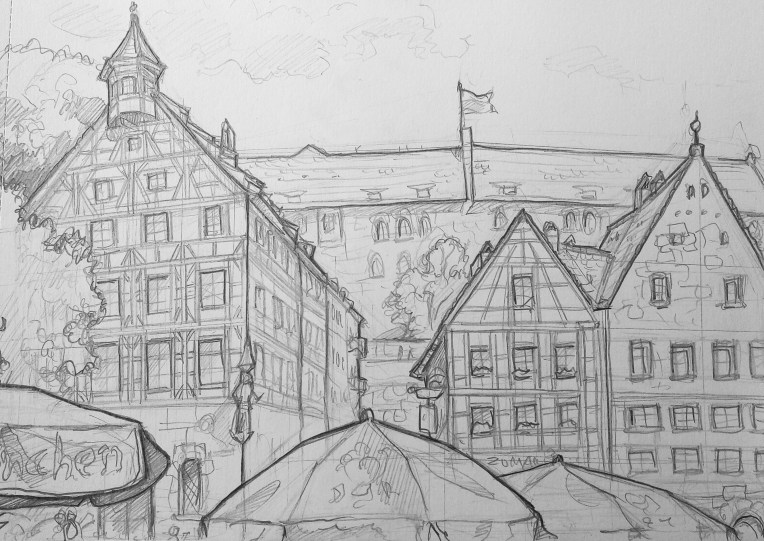 Architectural Art - Nuremberg. 'Beim Tiergärtnertor, Nuremberg, Germany.' Great view from a traditional restaurant of Beim Tiergärtnertor and Nuremberg Castle. sketchbookexplorer.com @davidasutton @sketchbookexplorer Facebook.com/davidanthonysutton #drawing #sketch #nuremberg #travel #travelblog #Beimtiergärtnertor
