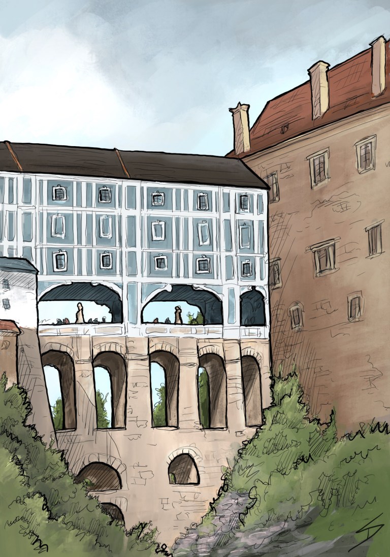 IPad sketch. Landscape Art - Český Krumlov, Czech Republic. 'Plastovy most.' A view of Cesky Krumlov Castle's covered bridge. The 13th century castle, and the rest of the town are on the UNESCO World Heritage List. sketchbookexplorer.com @davidasutton @sketchbookexplorer Facebook.com/davidanthonysutton #drawing #sketch #ceskykrumlov #travel #travelblog #ceskykrumlovcastle