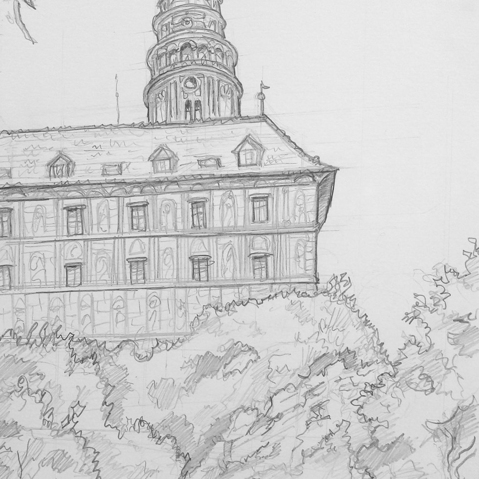 Landscape Art - Český Krumlov, Czech Republic. 'Český Krumlov Castle.' A view of this Czech wonder, built in 1240. sketchbookexplorer.com @davidasutton @sketchbookexplorer Facebook.com/davidanthonysutton #drawing #sketch #ceskykrumlov #travel #travelblog #ceskykrumlovcastle