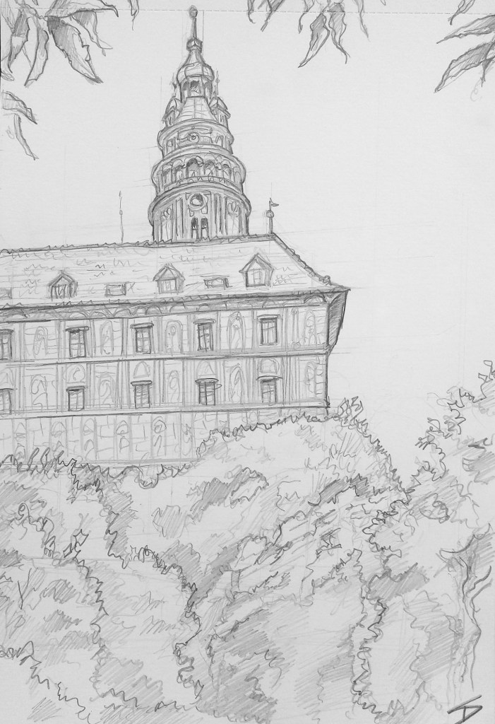 Pencil sketch - View of Český Krumlov Castle
