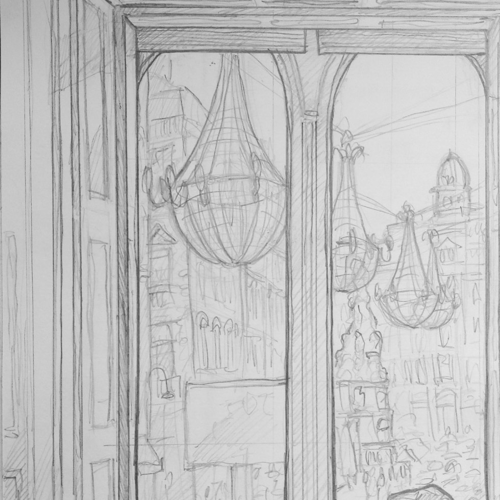 Urban Art - Vienna, Austria. 'Julius Meinl cafe.' View from Meinl cafe. Christmas lights are already up. Vienna, where the chandeliers are so big they are hung outside. sketchbookexplorer.com @davidasutton @sketchbookexplorer Facebook.com/davidanthonysutton #drawing #sketch #vienna #travel #travelblog #juliusmeinl
