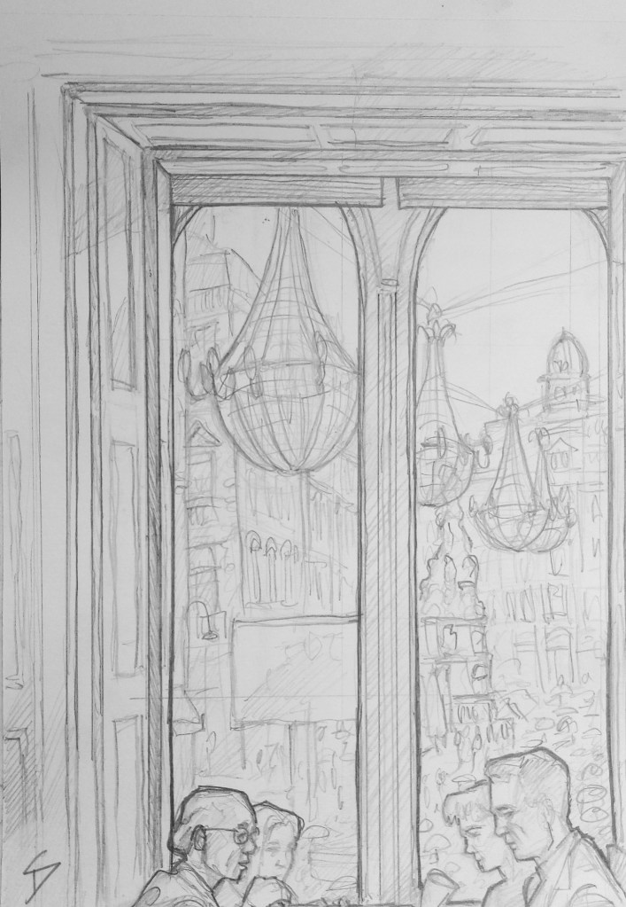 Urban Art - Vienna, Austria. 'Julius Meinl cafe.' View from Meinl cafe. Christmas lights are already up. Vienna, where the chandeliers are so big they are hung outside. sketchbookexplorer.com @davidasutton @sketchbookexplorer Facebook.com/davidanthonysutton #drawing #sketch #vienna #travel #travelblog #juliusmeinl