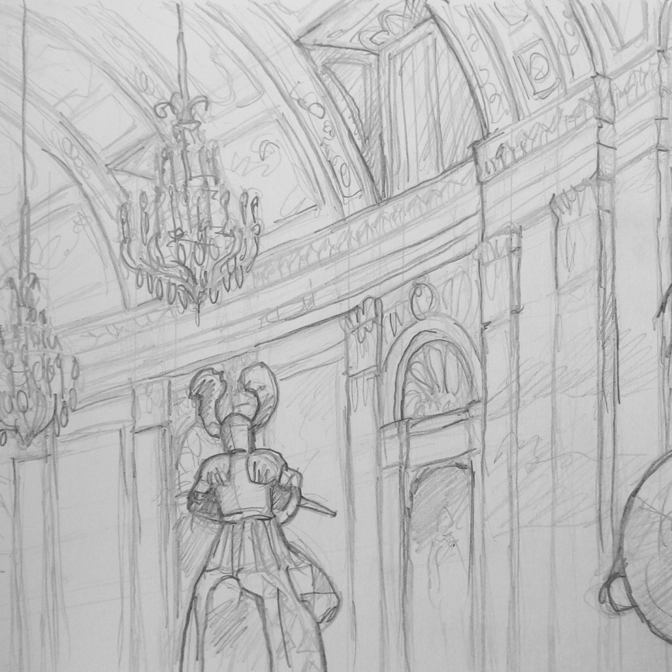 Urban Art - Vienna, Austria. 'Hofjagd und Rüstkammer Imperial Armoury.' Sketching in the Imperial Armoury... Beautiful interior. Almost closing time.. just me and a few medieval knights. sketchbookexplorer.com @davidasutton @sketchbookexplorer Facebook.com/davidanthonysutton #drawing #sketch #vienna #travel #travelblog #hofjagdundrustkammer