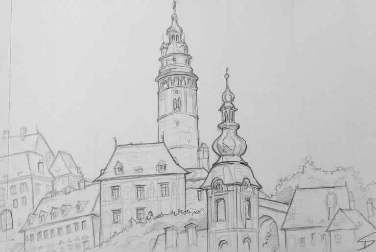Pencil sketch - View of Český Krumlov Castle and town centre.' Final sketch from Cesky Krumlov. Spotted this view on the way to the bus stop. Had to be quick, as buses don't wait, even for us artists.