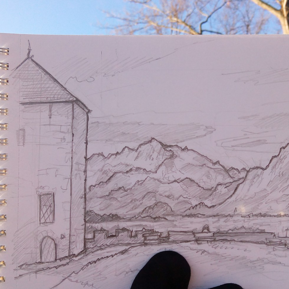 Countryside Art photo - Salzburg, Austria. 'Festungsberg.' Sketched on a cold Boxing Day morning. View of Untersberg mountain, from nearby Salzburg Castle. There has been a cable car to the top of Untersberg since 1961. sketchbookexplorer.com @davidasutton @sketchbookexplorer Facebook.com/davidanthonysutton #drawing #sketch #salzburg #travel #travelblog #untersberg