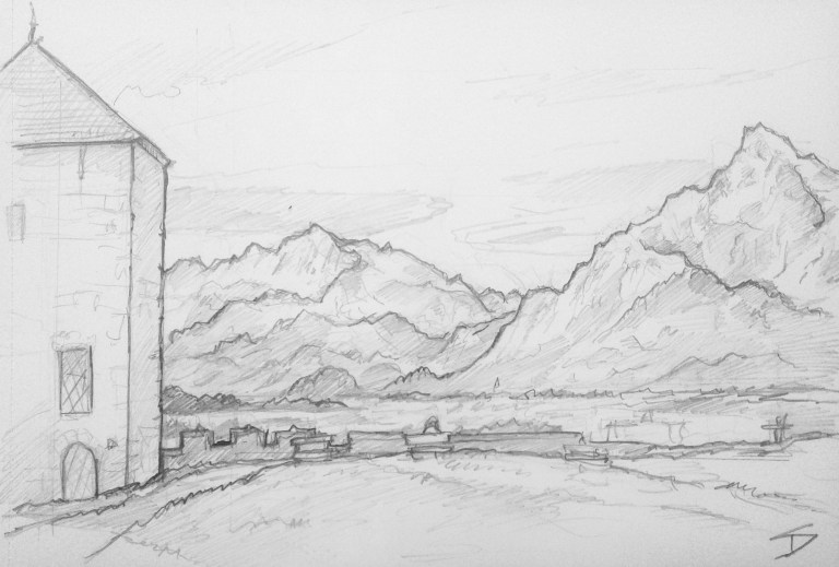 Countryside Art - Salzburg, Austria. 'Festungsberg.' View of Untersberg mountain, from nearby Salzburg Castle. sketchbookexplorer.com @davidasutton @sketchbookexplorer Facebook.com/davidanthonysutton #drawing #sketch #salzburg #travel #travelblog #untersberg