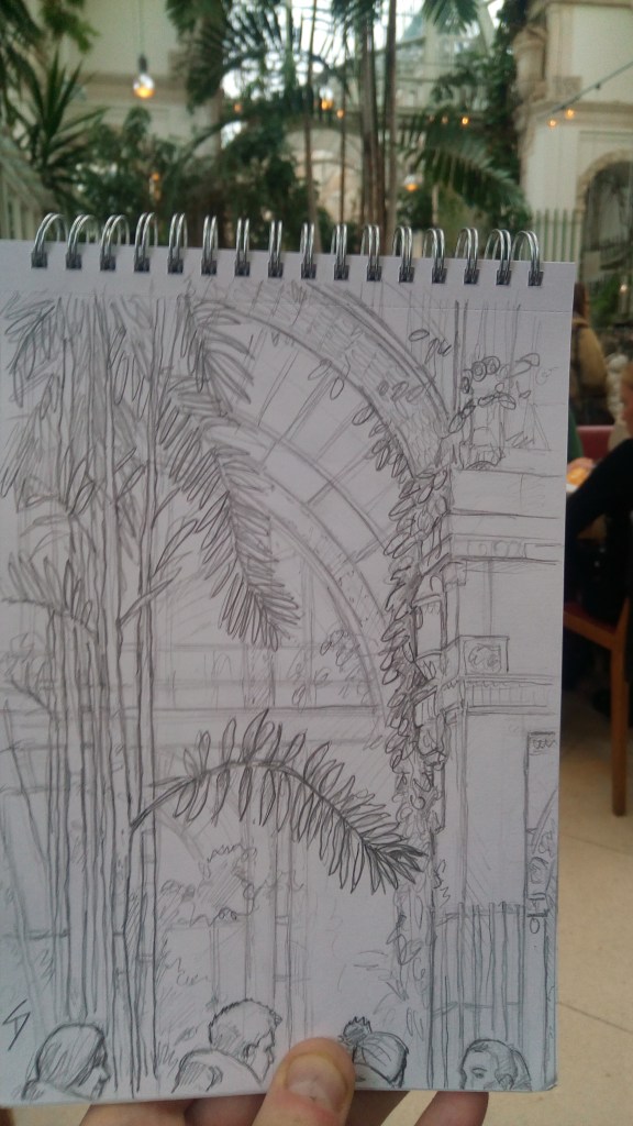 Urban Art photo - Vienna, Austria. 'Palmenhaus Cafe and Restaurant.' When it is snowing outside, where better to warm up, and grab a drink or a meal, than a tropical glass house. Relax below the palm trees in this elegant brasserie. sketchbookexplorer.com @davidasutton @sketchbookexplorer Facebook.com/davidanthonysutton #drawing #sketch #vienna #travel #travelblog #Palmenhaus