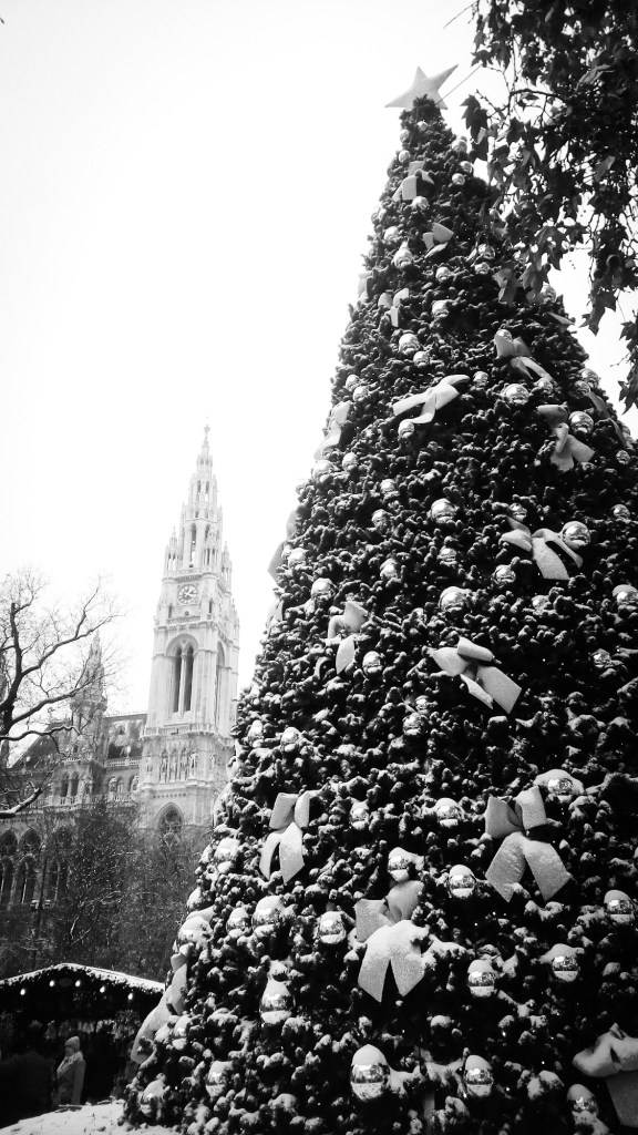 Urban photo - Vienna, Austria. 'Viennese Dream Christmas Market.'  You will find this winter wonderland in front of the City Hall. Come for the Christmas market stalls, the amazing decorations, or the ice ring. It is open this year from 17th November to the 26th December. sketchbookexplorer.com @davidasutton @sketchbookexplorer Facebook.com/davidanthonysutton #photograph #b&w #vienna #travel #travelblog #viennachristmas