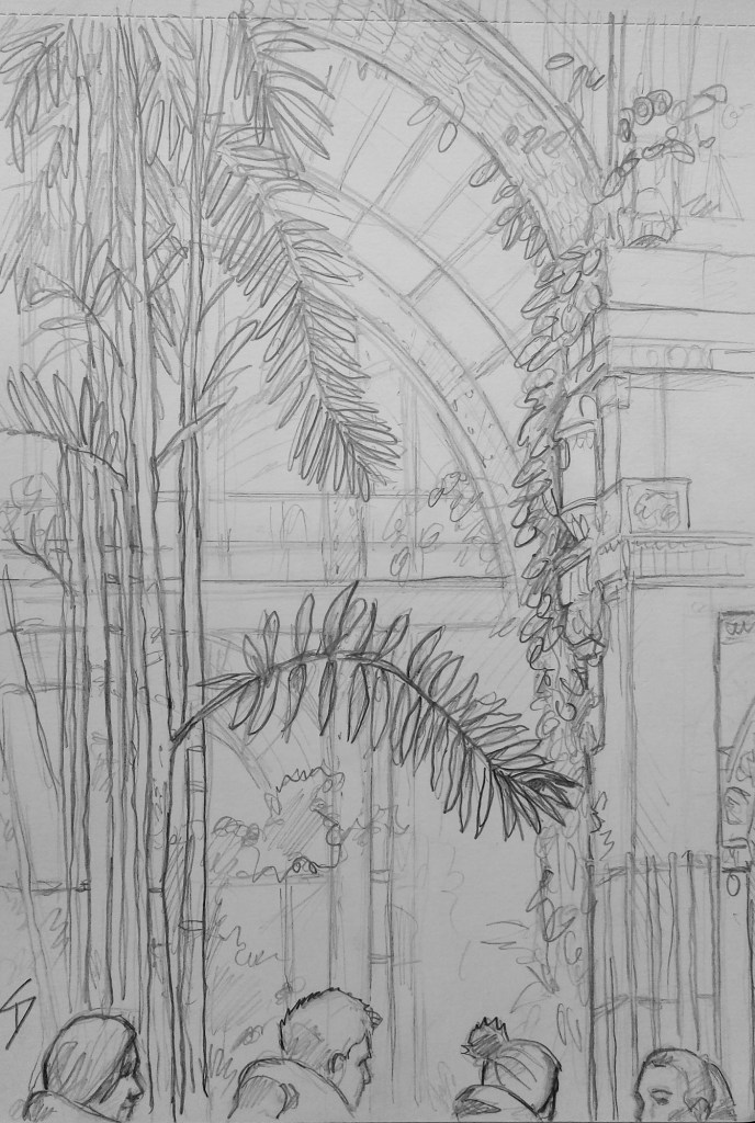 Pencil sketch view of Palmenhaus Cafe & Brasserie - from inside this elegant glasshouse.