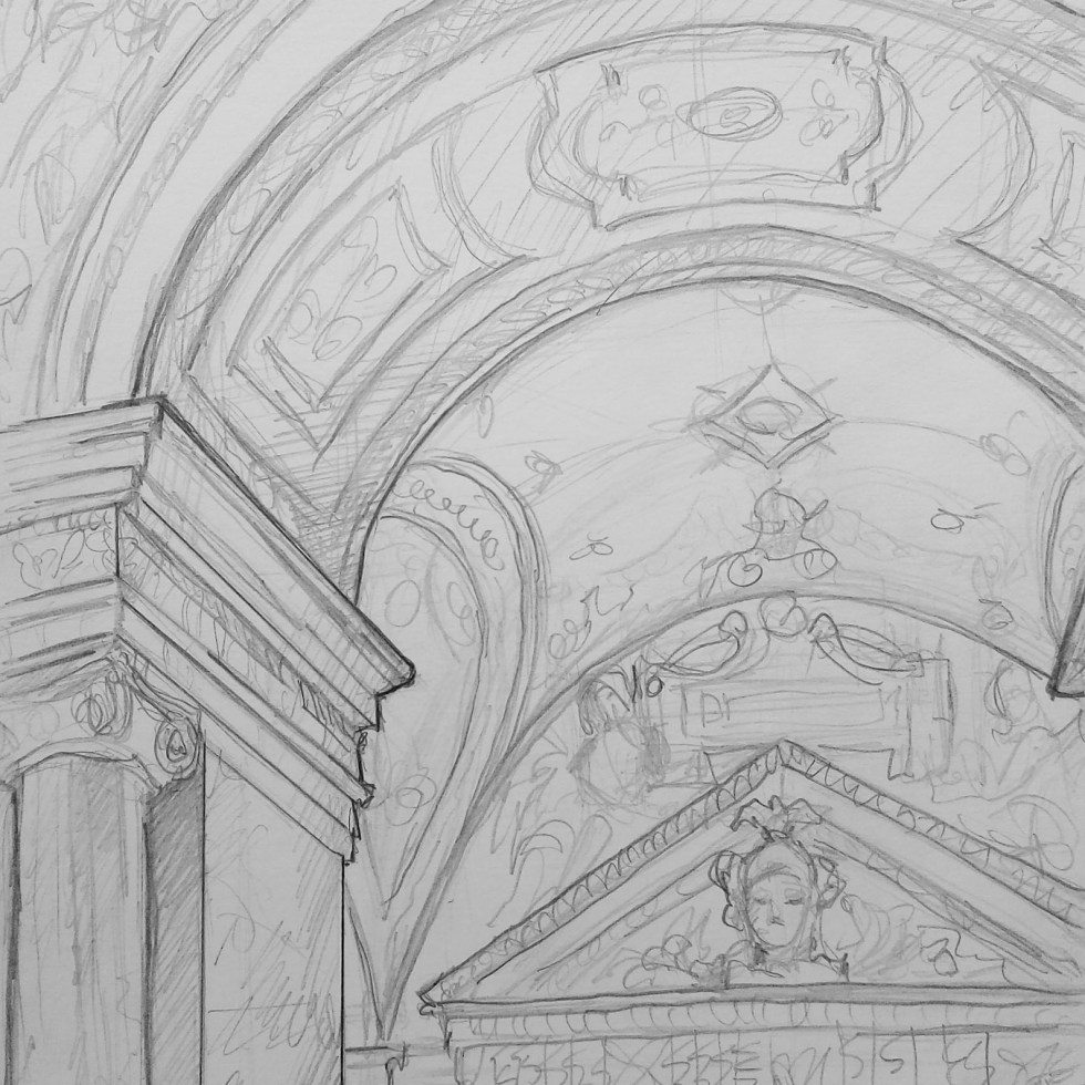 Urban Art - Vienna, Austria. 'Kunsthistorisches Museum Cafe.' Take a seat in this Austro-Hungarian cafe - an opulent way to grab a coffee. sketchbookexplorer.com @davidasutton @sketchbookexplorer Facebook.com/davidanthonysutton #drawing #sketch #vienna #travel #travelblog #kunsthistorischesmuseum