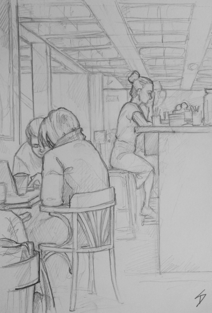 Urban Art - Prague, Czech Republic. 'Cafe Nona.' Sketch of my fellow cafe goers. sketchbookexplorer.com @davidasutton @sketchbookexplorer Facebook.com/davidanthonysutton #drawing #sketch #Prague #travel #travelblog #cafenona