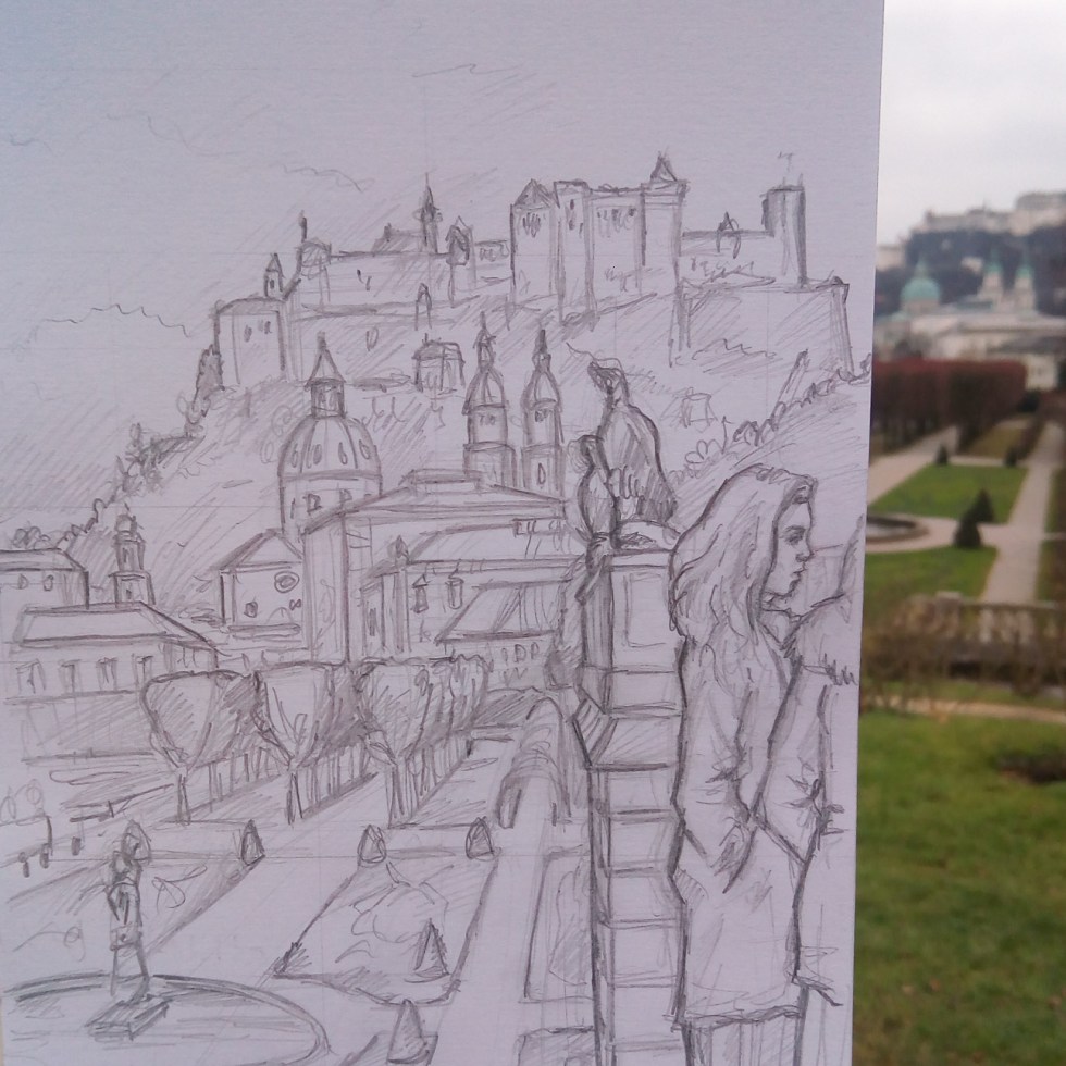 Urban Art photo - Salzburg, Austria. 'Kurgarten Park.' View across Mirabellgarten Park of Hohensalzburg Fortress. Constructed in 1687, Mirabellgarten Park was the location used for several scenes in the film 'The Sound of Music.' During the sketch, a group of female classical singers began shooting a music video nearby. I added them to the drawing. sketchbookexplorer.com @davidasutton @sketchbookexplorer Facebook.com/davidanthonysutton #drawing #sketch #salzburg #travel #travelblog #mirabellgarten