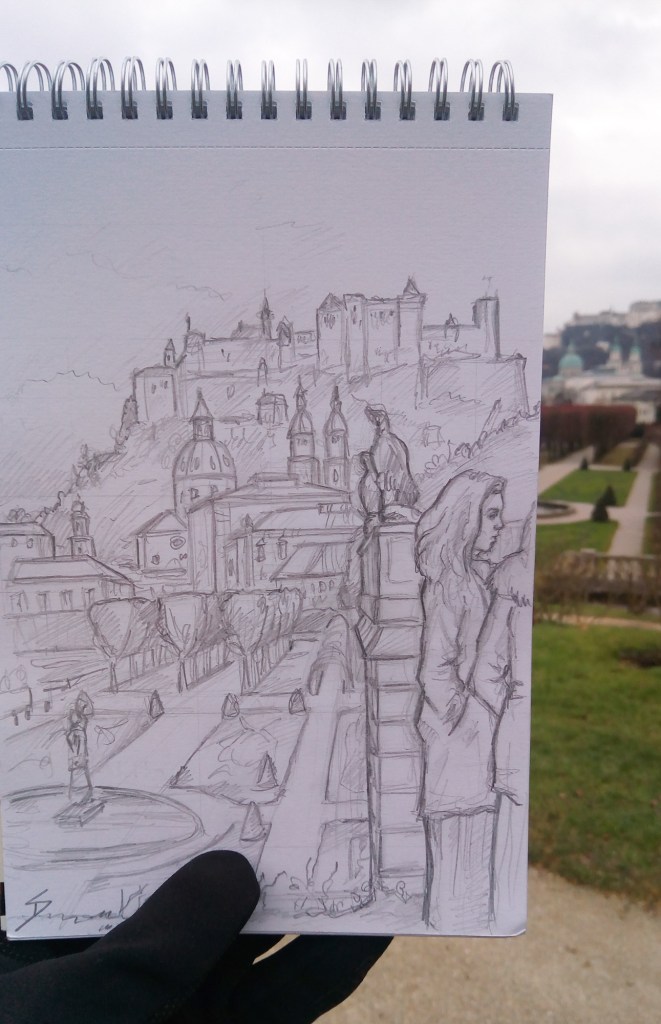 Urban Art photo - Salzburg, Austria. 'Kurgarten Park.' View across Mirabellgarten Park of Hohensalzburg Fortress. Constructed in 1687, Mirabellgarten Park was the location used for several scenes in the film 'The Sound of Music.' During the sketch, a group of female classical singers began shooting a music video nearby. I added them to the drawing. sketchbookexplorer.com @davidasutton @sketchbookexplorer Facebook.com/davidanthonysutton #drawing #sketch #salzburg #travel #travelblog #mirabellgarten