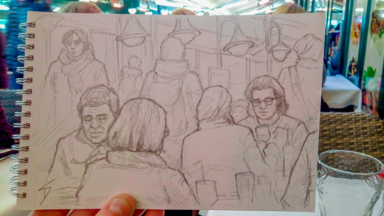 Urban Art Photo - Minerlgasse, Vienna, Austria. 'Naschmarkt.' Scene sketched from one of the many restaurants in this large market - the most famous food market in Austria. sketchbookexplorer.com @davidasutton @sketchbookexplorer Facebook.com/davidanthonysutton #drawing #sketch #vienna #travel #travelblog #naschmarkt