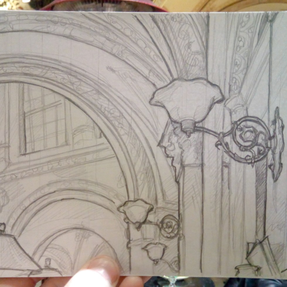 Urban Art Photo - Palais Ferstel, Vienna, Austria. 'Beaulieu Bistro.' View from an elegant bistro in this covered palace passageway. It can be found off Herrengasse Street. sketchbookexplorer.com @davidasutton @sketchbookexplorer Facebook.com/davidanthonysutton #drawing #sketch #vienna #travel #travelblog #beaulieuvienna