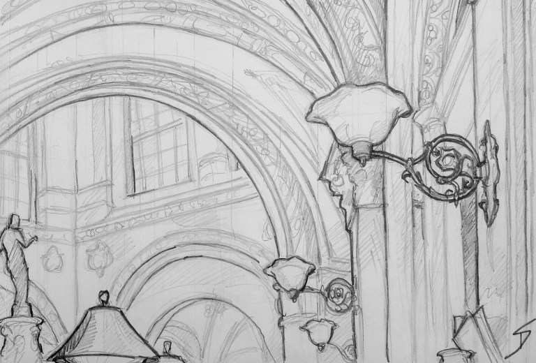 Pencil sketch view of Palais Ferstel - Interior view of the palace passageway.