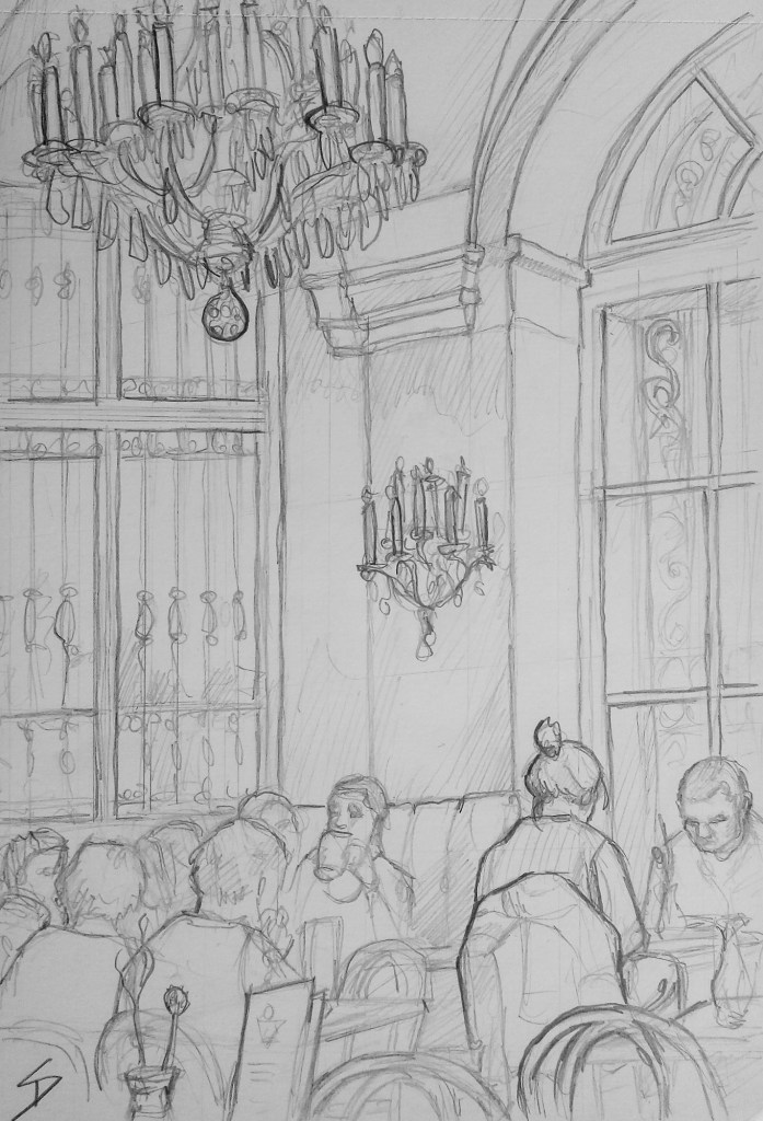 Urban Art - Prinz Eugen-Straße, Vienna, Austria. 'Cafe Menagerie, Belvedere Palace.' View from inside this Baroque cafe / bistro. sketchbookexplorer.com @davidasutton @sketchbookexplorer Facebook.com/davidanthonysutton #drawing #sketch #vienna #travel #travelblog #cafemenageriebelvedere