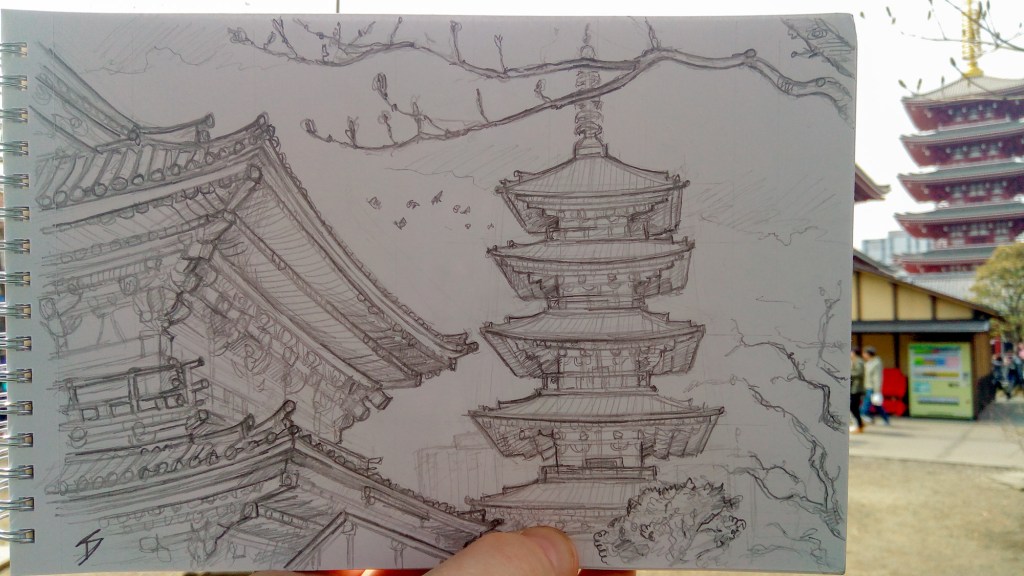 Photo of sketch of Senso-ji Temple, Tokyo