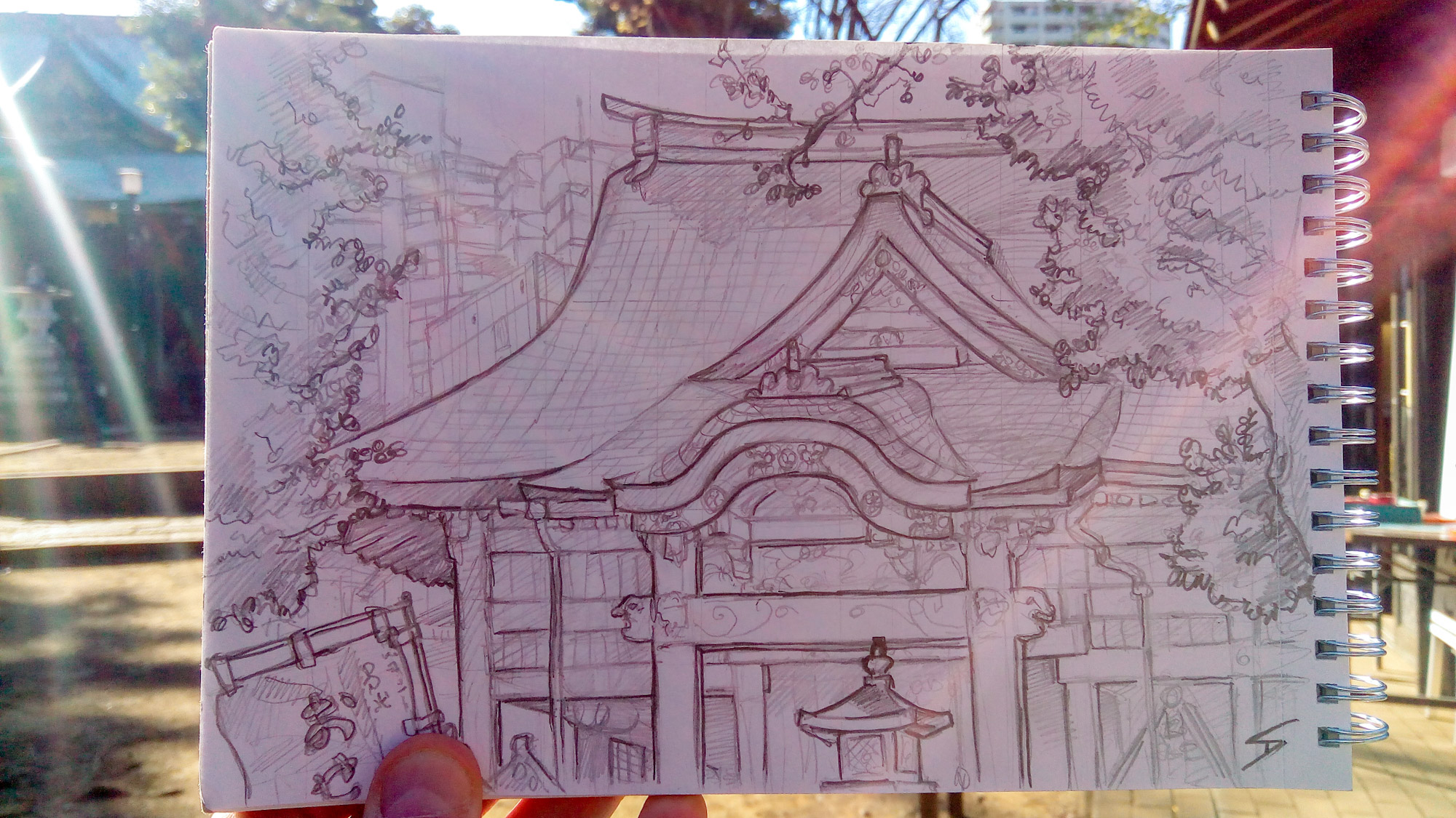 Urban photo art – Toshima City, Tokyo, Japan. ‘Zoshigaya Kishimoiji Shrine.’ Complete image from my latest travel art blog article 'Sakura Japan.' Now online - sketchbookexplorer.com @davidasutton @sketchbookexplorer Facebook.com/davidanthonysutton #sketch #drawing #art #japan #tokyo #sakura #zoshigayakishimoijishrine #shinto #samurai #travel #travelblog #cherryblossom #cherryblossomseason #cherryblossomjapan