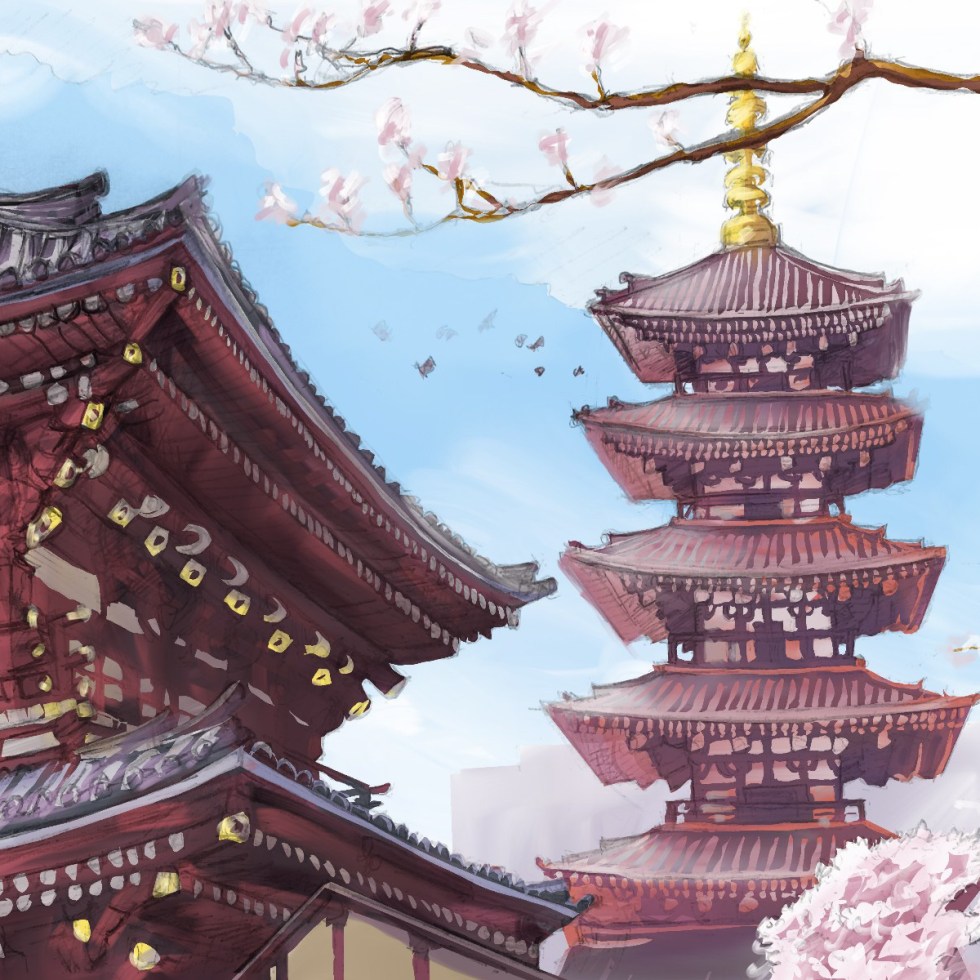 Ipad art – Asakusa, Tokyo, Japan. ‘Senso-ji Temple.’ Complete image from my latest travel art blog article 'Sakura Japan.' Now online - sketchbookexplorer.com @davidasutton @sketchbookexplorer Facebook.com/davidanthonysutton #sketch #drawing #painting #art #ipadart #iPad #japan #tokyo #sakura #sensojitemple #buddhism #travel #travelblog #cherryblossom #cherryblossomseason #cherryblossomjapan